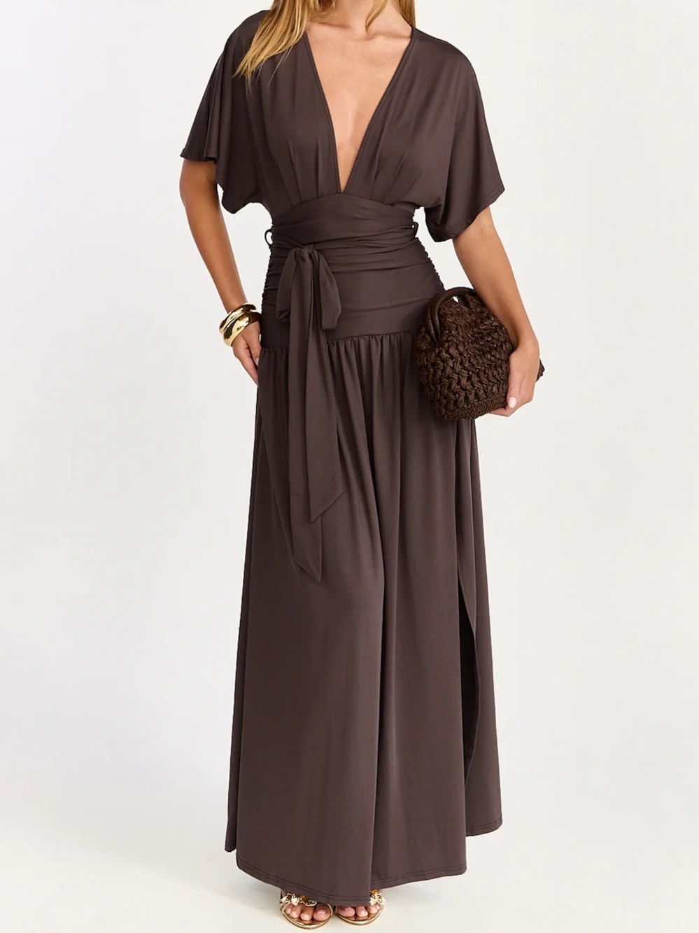 Showpo Brown Deep V Maxi with Wrap Waist — Liana Maxi